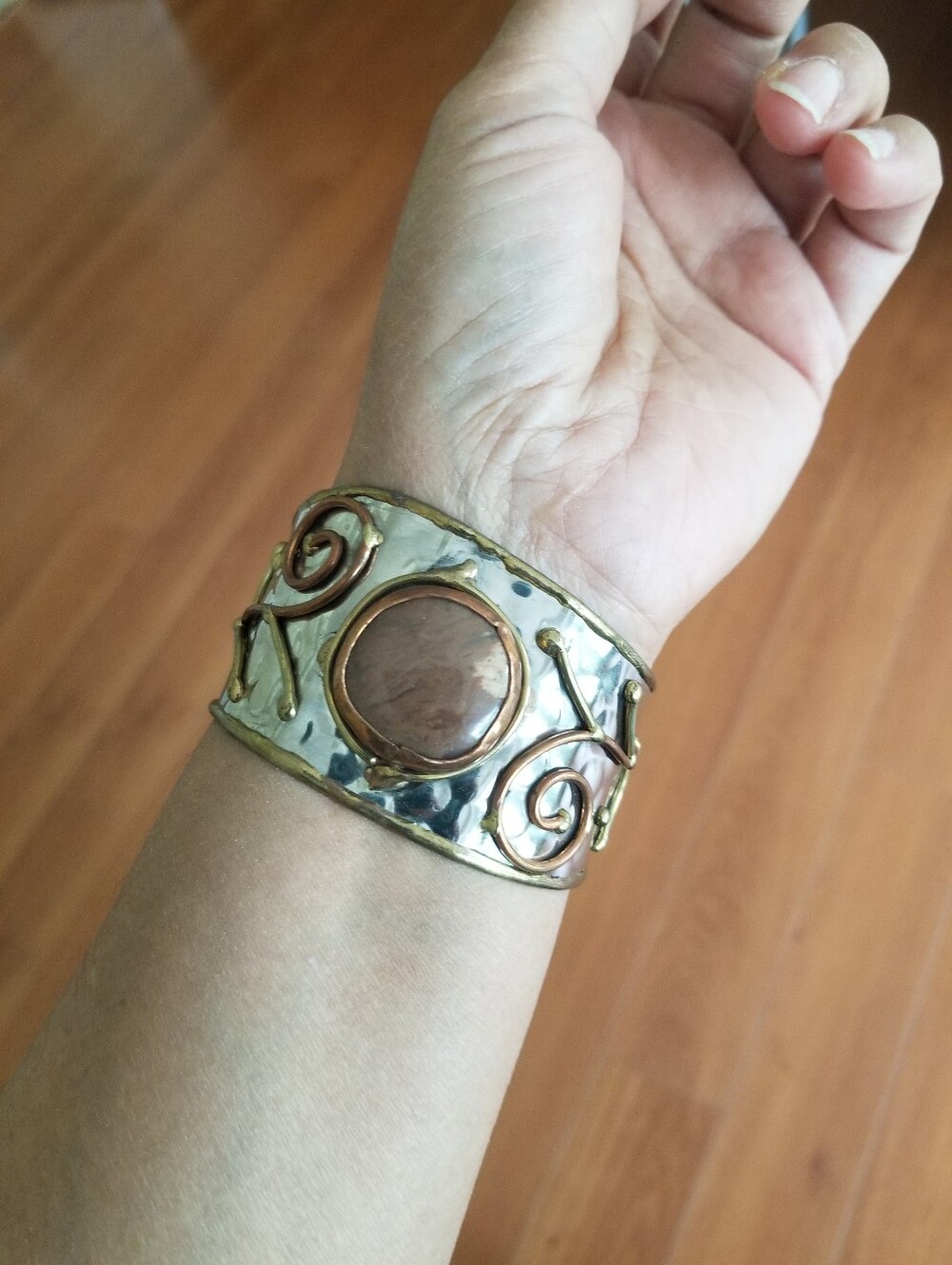 Handmade Brutalist Cuff Bracelet Silver tone With Brown Stone